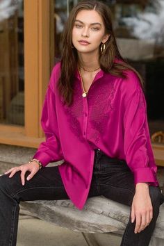 Silky Button down Blouse, embroidered on the center front, sleeve and back. Collar button closure and wrist. (runs a bit larger) Magenta Outfit, Pink Shirt Outfit, Magenta Colour, Magenta Top, Hot Pink Shirt, Satin Button Up, Viva Magenta, Color Magenta, Bright Winter