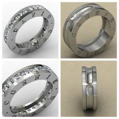 four different types of wedding rings with roman numerals and diamonds on each side