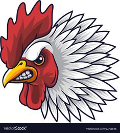 a rooster head with feathers on it's head and an angry look to the side