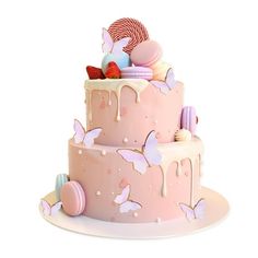 a three tiered cake with pink icing and decorations