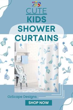 an advertisement for kids's shower curtains in blue and white with dinosaurs on it