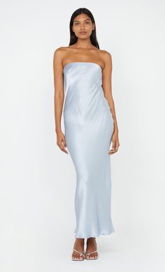 Moon Dance Strapless Dress in Dusty Blue by Bec + Bridge Blue Strapless Bridesmaid Dresses, Strapless Bridesmaid Dresses, Blue Wedding Guest Dresses, Bridge Dress, Prom Inspo, Moon Dance, Bridesmaid Dresses Strapless, Light Blue Wedding, Best Friend Wedding