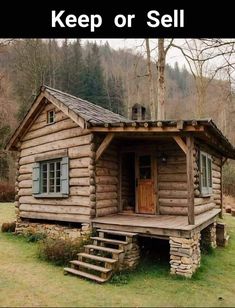 a log cabin with steps leading up to it and the words keep or sell written in front