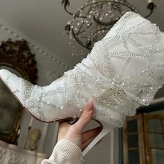 Nwt Bniob Pristine & Stunningly Fabulous Its I Wanna Wear Boots On My Wedding Day Kinda Feel. They Are Spectacular!! From The Boot Goddess Herself, Wang Sequined Tulle Overlay Stiletto Mid Boots Featuring That White Wedding Feel It's Classic, It's Timeless, It's Sophisticatedly Beautiful Embellished With Pearls And Sequins They Glimmer And Sparkle Beautifully. Beaded Lace Tulle Overlay Slip On Fabric Lining Synthetic Outsole 8" Boot Shaft Height 12.75" Boot Shaft Circumference 4" Covered Stilett White Closed Toe Heels For Winter, White Closed Toe Party Boots, White Round Toe Booties For Party, White High Ankle Heels For Formal Occasions, White Ankle Booties For Party, White High Ankle Boots For Formal Occasions, White High Heel Boots For Formal Occasions, White Closed Toe Booties For Party, White Pointed Toe Boots For Formal Occasions