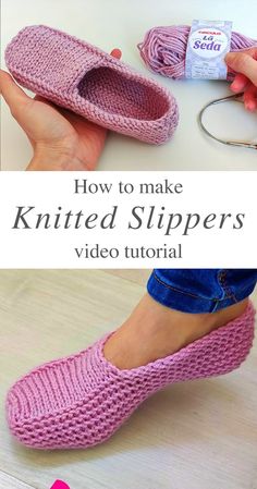 someone is making knitted slippers with yarn