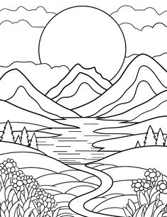 a coloring page with mountains and trees in the background, along with a river running through it