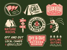 various stickers and labels for outdoor activities on a dark green background, including an antelope