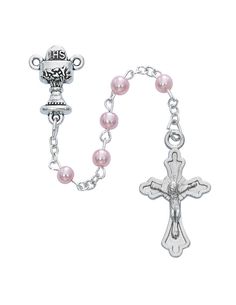 Description: An amazing way of showing that our faith with Jesus Christ lives on through the Pink Pearl Communion Rosary. This stunning rosary will be a perfect representation of our faith and will definitely catch everyone's heart. This charming inspirational catholic item will be perfect to carry around with you to pray on the go to protect and guide you for the years to come. Item No.: MV-P212CB Features: The rosary features 4mm pink pearl beads with a silver ox crucifix and chalice center. T Praying Rosary, Spiritual Rosary Bracelet With Cross For First Communion, Spiritual Cross Rosary For Confirmation, Spiritual Rosary With Crucifix For First Communion, Spiritual Rosary For First Communion, Rosary Bracelet With Miraculous Medal For First Communion, Spiritual Crucifix Rosary For First Communion, First Communion Spiritual Rosary With Crucifix, Affordable Pink Rosary Gift