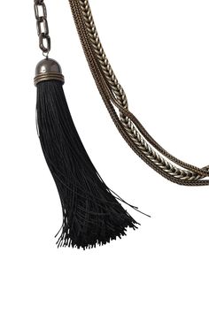 Vita Long Tassle Necklace From Lanvin 52" Adjustable Length And 1.5" Width Spring Clasp Closure Tassle, Brass Chains, And Bungee Rope Detailing Available In Black Elegant Black Lariat Long Necklace, Elegant Black Lariat Necklace With Adjustable Chain, Elegant Fringe Necklaces For Evening, Elegant Black Multi-strand Long Necklace, Elegant Long Tassel Necklace With Fringe, Elegant Black Tassel Necklace For Party, Elegant Evening Fringe Necklace, Elegant Long Fringe Necklace, Black Tassel Necklace With Adjustable Fit