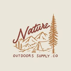 the outdoor supply company logo with trees and mountains in the background on a beige background