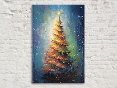 a painting of a christmas tree on a brick wall