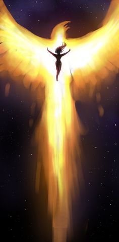 an angel with yellow wings in the night sky