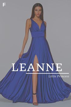 a woman in a long blue dress with the words leanne on it and an image of