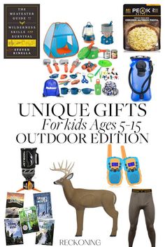 an advertisement for camping gear with the words unique gifts for kids ages - 5 and up