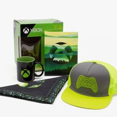 the xbox gift set includes a hat, mug, and box