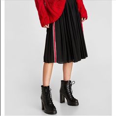 Brand New Without Tag. Never Worn. Zara Black Pleated Skirt * Size Small * Red And White Stripe Down Either Side * Elasticated Waist Trendy Knee-length Winter Skirt, Red High Waist Casual Pleated Skirt, Casual Red High-waisted Pleated Skirt, Chic Red Pleated Skirt For Workwear, Trendy Zara Skirt For Winter, Trendy Winter Midi Skirt, Casual Red Pleated Skirt For Fall, Zara Winter Midi Skirt, Zara Midi Skirt For Winter