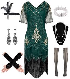 PRICES MAY VARY. Package Included-1 x sequin flapper dress, 1 x long satin gloves,1 xfeather headband, 1 x pearl necklace, 1 x earrings, 1 x pearl bracelet, 1 x fishnet stockings. Vintage Elegant Charm-The flapper dresses 1920s made of polyester fabric and soft fringe, delicate bead and sparkling sequins design, semi-sheer lace cuffs with intricate lace detailing, adding a touch of feminine allure to 20s outfit. This dress is the epitome of elegance and sophistication for your wardrobe. Fashion Roaring 20s Accessories, 20s Accessories, Long Satin Gloves, 20s Outfit, 20s Costume, Retro Headband, Fringed Dress, 1920s Women, 20s Dresses