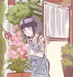 a drawing of a woman holding scissors in front of a potted plant with pink flowers