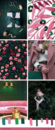 a collage of photos with pink, green and gold accents on the top right