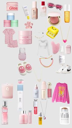 the contents of a woman's purse are shown in this graphic style, including cosmetics and other personal care items