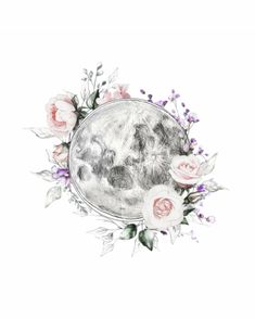 the moon with flowers and leaves around it on a white background, watercolor drawing