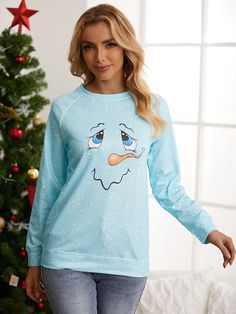 Light blue Snowman Face Print Long Sleeve Sweatshirt Casual Long Sleeve Sweater With Cartoon Print, Blue Casual Sweatshirt With Cartoon Print, Casual Winter Tops With Cartoon Print, Casual Cartoon Print Sweater, Casual Long Sleeve Sweatshirt With Cartoon Print, Casual Long Sleeve Cartoon Print Sweatshirt, Winter Cartoon Print Tops For Loungewear, Fall Cartoon Print Tops For Loungewear, Blue Tops For Winter Loungewear