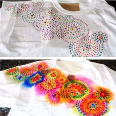 two pictures of different types of t - shirts with colorful designs on the front and back