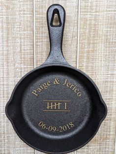 a personalized cast iron skillet on display