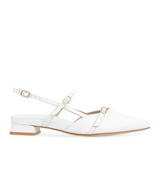 3x adjustable straps for a supportive fit.;  22mm stable heel.;  Leather upper, PLIANT� outsole, leather lining and leather-lined B.plantfoam� footbed.;  Hardware colour: Gold.; White Chic Closed Toe Pointed Flats, Chic White Pointed Toe Closed Flats, Chic White Pointed Toe Flats, Chic White Closed Toe Pointed Flats, Elegant White Kitten Heels With Single Toe Strap, Classic White Heels With Single Toe Strap, White Pointed Toe Flats For Summer, Chic White Slingback Pumps With Buckle Closure, Chic White Pointed Toe Flats For Work