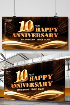 two banners with the words happy anniversary and 10 year anniversary written in gold on them