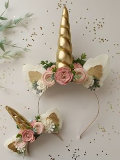 "Hand-crafted with love, these felt floral unicorn crowns would add the perfect magical touch to any party, festival, or photo shoot for you or you and your little one! The adult size is made on a gold metal headband and measures about 4.5\" wide. Flexible and comfortable fit! Horn measures about 5\" tall. The baby/child size is made on a stretch nylon headband. One size fits all. Horn measures about 3\" tall. When ordering, please choose the ear color Ivory or White. The crowns shown are in col Unicorn Headband Diy, Diy Unicorn Headband, Unicorn Accessories, Pink Flower Crown, Felt Headband, Custom Headbands, Horn Headband, Metal Headband, Unicorn Costume