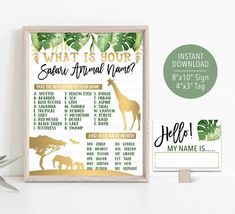 a safari animal baby shower sign is displayed next to a potted plant and an elephant