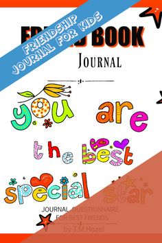 the book journal is filled with colorful lettering and stars on it's cover, as well as an orange ribbon