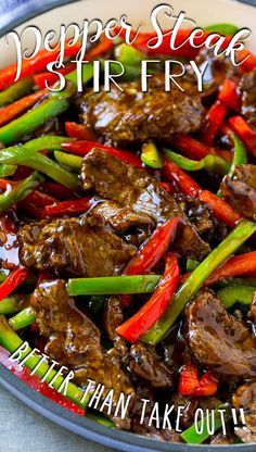 beef stir fry in a pan with red peppers and green peppers on the side, text overlay