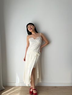 Vintage liquid silk lace satin backless white slip long maxi camisole dress, you can wear it as a summer silk slip dress or night party dress. era: 1990, 2000, Y2K material:100% pure silk Size: around S, Model wears size S, 36 Full length 125cm pit to pit: 39cm waist: 35cm condition: very good condition Please keep in mind that this is vintage second hand piece. It may have small marks and/or snags and sign of wear throughout. Please purchase willing to accept all signs of wear. NOTE For shop up Spring Silk Slip Dress With Delicate Lace, Silk Sleeveless Slip Dress With Delicate Lace, Summer Evening Slip Dress With Delicate Lace, Spring Evening Satin Nightgown, Summer Silk Slip Dress With Lace Trim, Summer Silk Slip Dress With Delicate Lace, Summer Satin Nightgown For Wedding Night, Summer Cami Slip Dress With Delicate Lace, Summer Lace Slip Dress For Loungewear