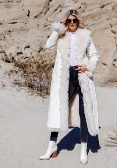 Shop the luxurious Ivory Faux Suede & Shearling Big Sky Full-Length Coat, the epitome of style and comfort for colder weather. Stay cozy in absolute elegance. Winter White Long Outerwear, Winter White Long Outerwear For Winter, Long Winter White Outerwear, Chic Winter Fur Coat With Faux Fur Lining, White Sheepskin Outerwear For Winter, White Sheepskin Winter Outerwear, Fitted Sheepskin Outerwear For Winter, Cream Sheepskin Outerwear For Fall, Elegant Faux Fur Winter Outerwear