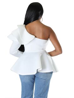 Material:30-50% Polyester. Features: Long sleeve. one shoulder. ruffle. waist. solid color. tops.Style:Casual. White Solid Color Top For Party, Fitted Ruffled Off-shoulder Top For Party, Fitted Off-shoulder Top With Ruffles For Party, Fall Ruffled Off-shoulder Top, Chic White One Shoulder Long Sleeve Top, Elegant One-shoulder Ruffled Top For Spring, Elegant One-shoulder Top With Ruffles For Spring, Elegant Ruffled One Shoulder Top For Spring, Chic Long Sleeve Off-shoulder Top