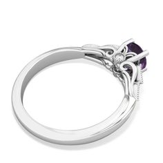 Feauturing flowing filigree scrolls and delicate milgrain accents, this deep purple amethyst ring in 14K White Gold is truly unique. Ten sparkling diamonds are nestled among the intricate details of this one-of-a-kind piece. Classic Amethyst Birthstone Ring With Accent Stones, Classic Purple Birthstone Ring With Center Stone, Classic Amethyst Birthstone Ring, Classic Purple Sapphire Ring With Prong Setting, Classic Purple Birthstone Ring, Elegant White Gold Amethyst Ring With Center Stone, Fine Jewelry Amethyst Ring With Intricate Design, Classic Amethyst Round Cut Birthstone Ring, Purple Amethyst Ring With Intricate Design