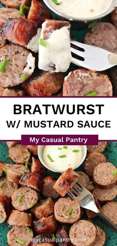 bratwurst with mustard sauce is served on a green platter next to other meats