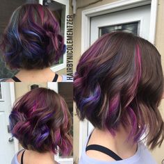 Bob With Peek A Boo Color, Aline Hair Color Ideas, Short Peekaboo Hair Color, Peak A Boo Hair Color Brunette, Long Bob Peekaboo Color, Peekaboo Hair Color For Dark Hair, Dark Hair With Vivid Peekaboo, Short Curly Peekaboo Hair, Peekaboo Hair Color 2023