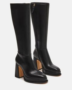 DEXTRA Black Leather Knee High Platform Boot | Women's Boots – Steve Madden Steve Madden High Boots, Black Leather Boots Knee High, Knee High Platform Boots, Buyable Pins, Platform Boots Women, Fall 23, Tour Outfits, Wardrobe Pieces, Steve Madden Boots