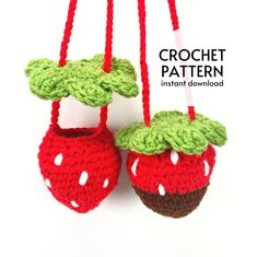 two crocheted strawberries hanging from strings on a white background with the words, crochet pattern instant downloaded