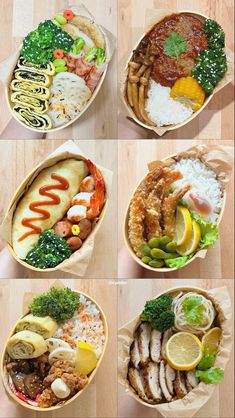 four pictures of different types of food in bowls