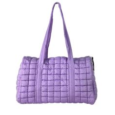 Get ready to travel in style with our GZ-2812 Puffer Quilted Duffle in purple! This cute and stylish pack is perfect for all your travel needs. It's lightweight and easy to pack, making it the perfect accessory for your next adventure. Say bye-bye to boring travel bags and hello to our fun and playful duffle! Puffer Duffle Bag, Everyday Pink Duffle Bag With Zipper Closure, Purple Square Travel Bag, Functional Purple Duffle Bag For Travel, Rectangular Purple Duffle Bag For Travel, Purple Duffle Bag For Daily Use, Travel Style, Travel Bags, Duffle Bag