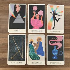 four different tarot cards with images of women and men in the middle one is holding a ball