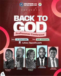 the back to god pre - passover conference flyer is shown with five men in suits and ties