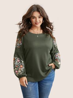 Waffle Knit Floral Embroidered Lantern Sleeve T-shirt Womens Trendy Tops, Alaska Cruise, Feel Pretty, Winter Colors, Lantern Sleeve, Lantern Sleeves, Trendy Tops, Sleeve Detail, Fall Wardrobe