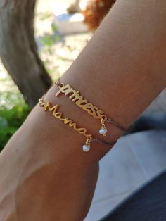 Mama Gold Bracelets, Princess Gold Bracelets, Pearl Cotton Bracelet, Simple Cute Bracelet, Minimalistic Bracelet, Tiny Pearls, Women Gifts by SweeThingsJewelry on Etsy Cotton Bracelet, Greek Evil Eye, Daisy Earrings, Brass Charms, Minimalist Bracelet, Flower Bracelet, Cute Bracelets, Macrame Bracelets, Gold Plated Chains