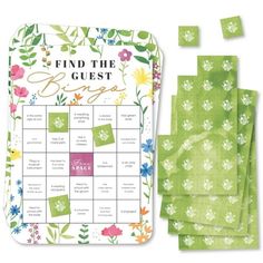 the find the guest game is next to it's matching green napkins and place mats