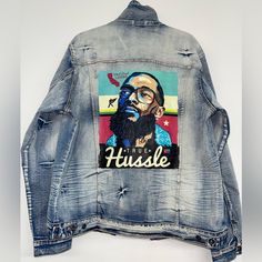 Nwt Customized “True Hussle” Unisex Bering Pinched Denim Jacket Featuring Nipsey Hussle Sz 2xl Relaxed Fit Blue Denim Jacket For Streetwear, Blue Relaxed Fit Denim Jacket For Streetwear, Urban Denim Blue Jacket With Graphic Print, Medium Wash Long Sleeve Denim Jacket With Graphic Print, Medium Wash Denim Outerwear With Graphic Print, Medium Wash Long Sleeve Outerwear With Graphic Print, Casual Medium Wash Outerwear With Graphic Print, Urban Medium Wash Outerwear With Graphic Print, Urban Outerwear With Graphic Print In Medium Wash